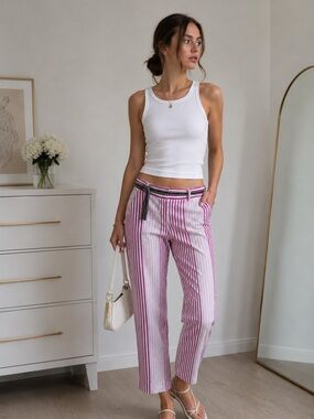 Dalia Casual Striped Cropped Ankle Pants Pink White Size 8